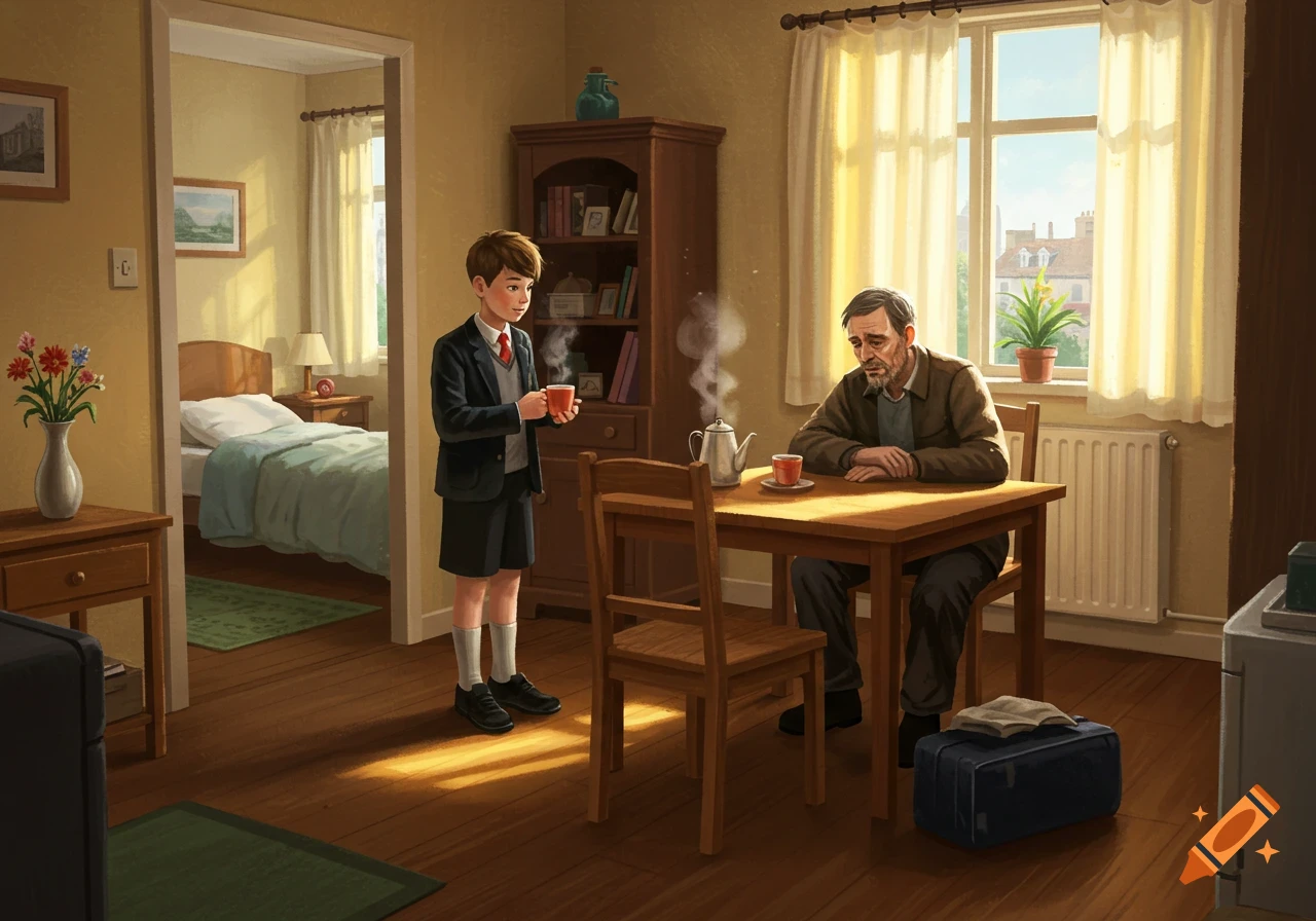 A schoolboy in uniform offers tea to a sad older man at a table in a warm, sunlit apartment; a bedroom is visible through a doorway.