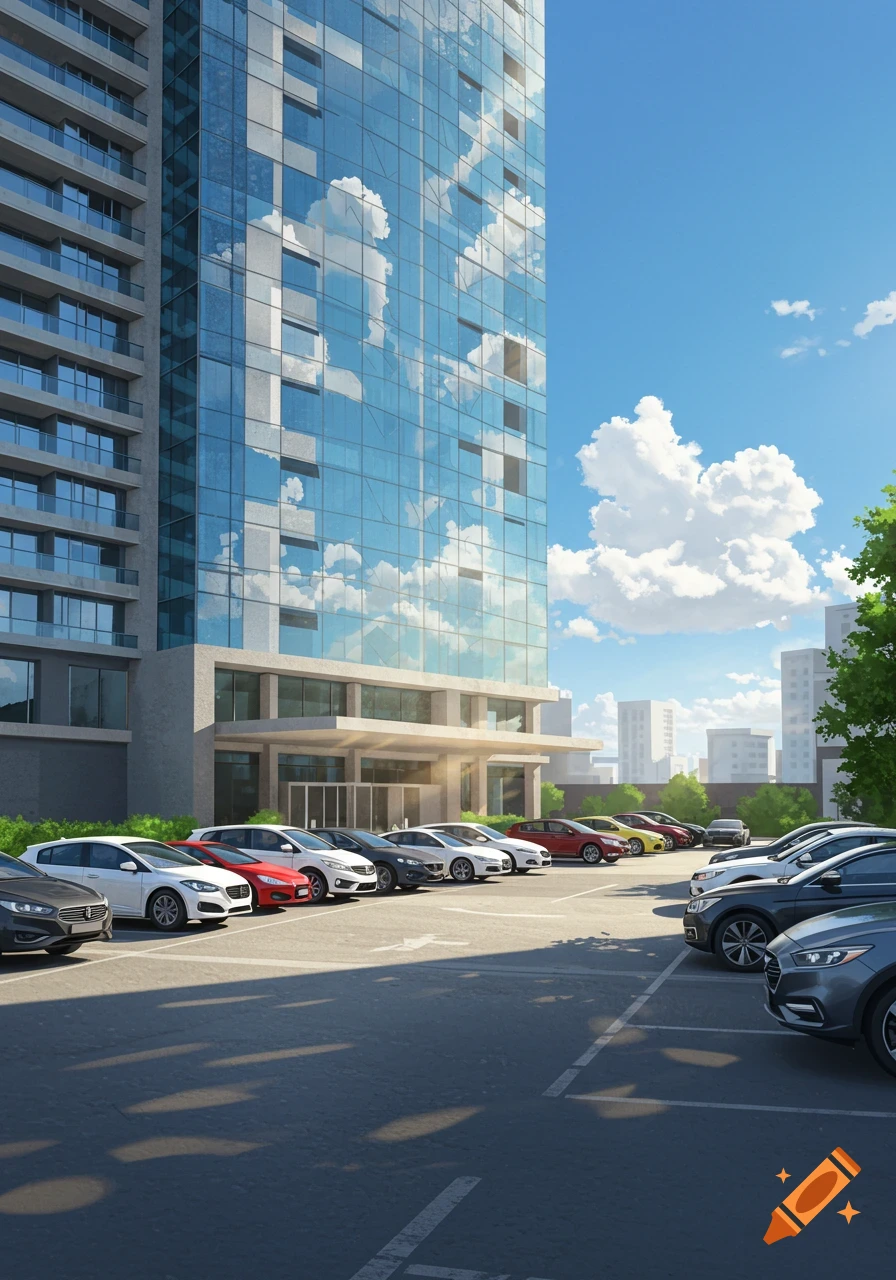 A parking lot full of diverse cars in front of a modern glass high-rise building under a blue sky with clouds.