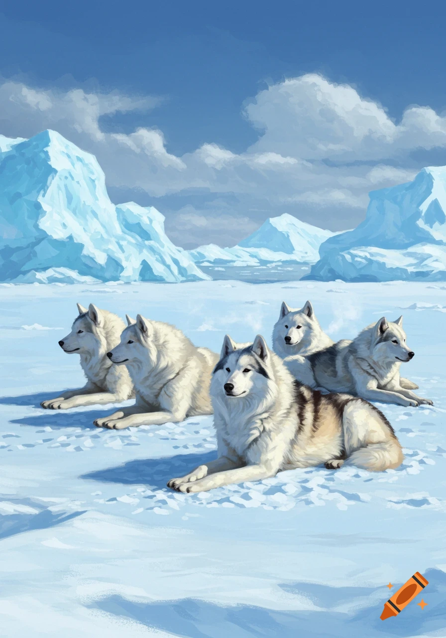 Five wolves lie on snow in an arctic landscape with icebergs under a blue sky, in an illustrated style.