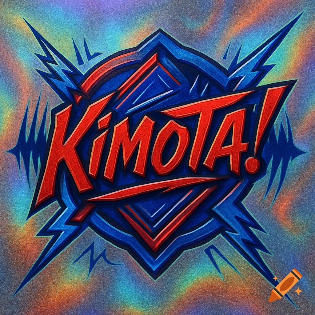 Bold red 'KIMOTA!' text in a stylized blue and red shield logo with jagged elements on a grainy, colorful background.