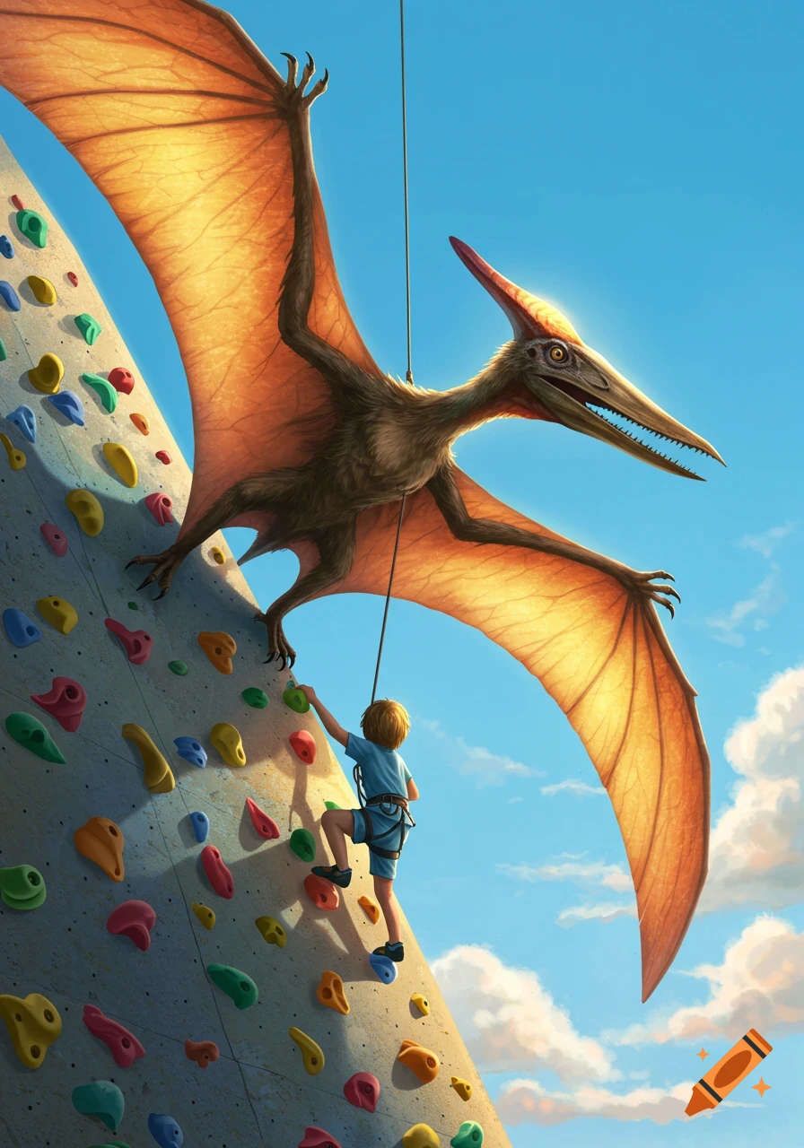 A child in climbing gear scales a rock wall as a large pteranodon hangs above, secured by ropes, against a blue sky.