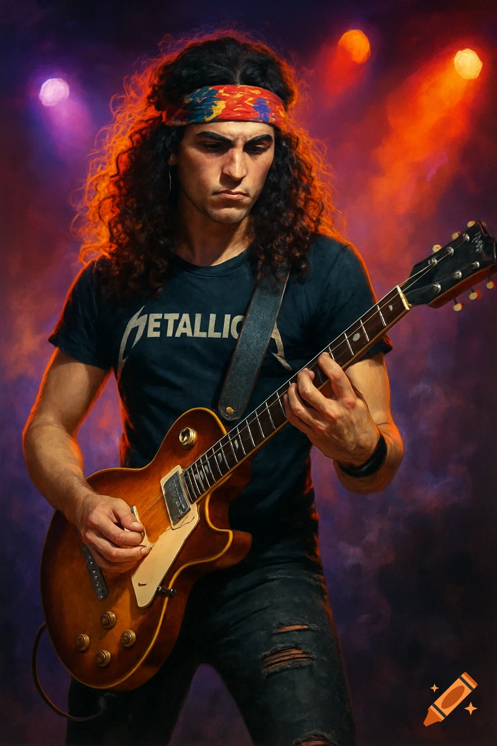 A male guitarist with long curly hair and a bandana plays an electric guitar on a dimly lit stage, illuminated by purple and orange spotlights.