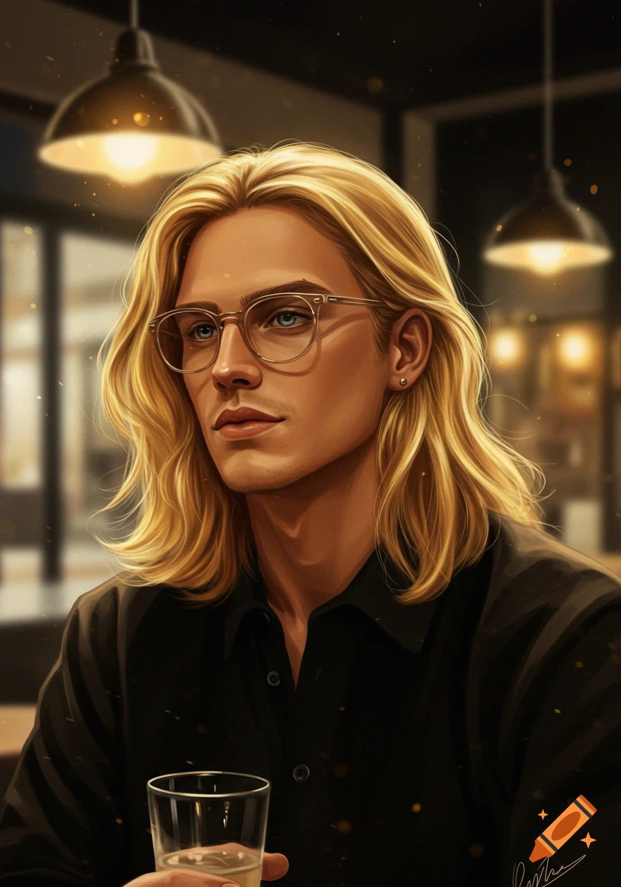 Digital art portrait of a blond man with long hair, glasses, holding a drink in a cafe with warm lighting.