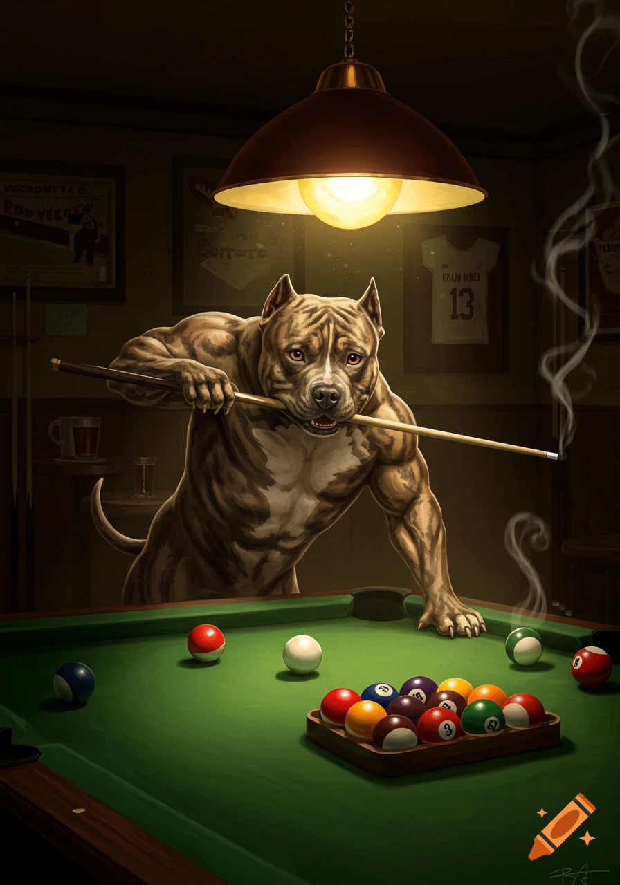 A muscular pitbull dog playing billiards in a dimly lit bar, holding a pool cue stick in its mouth, with pool balls on a green table.