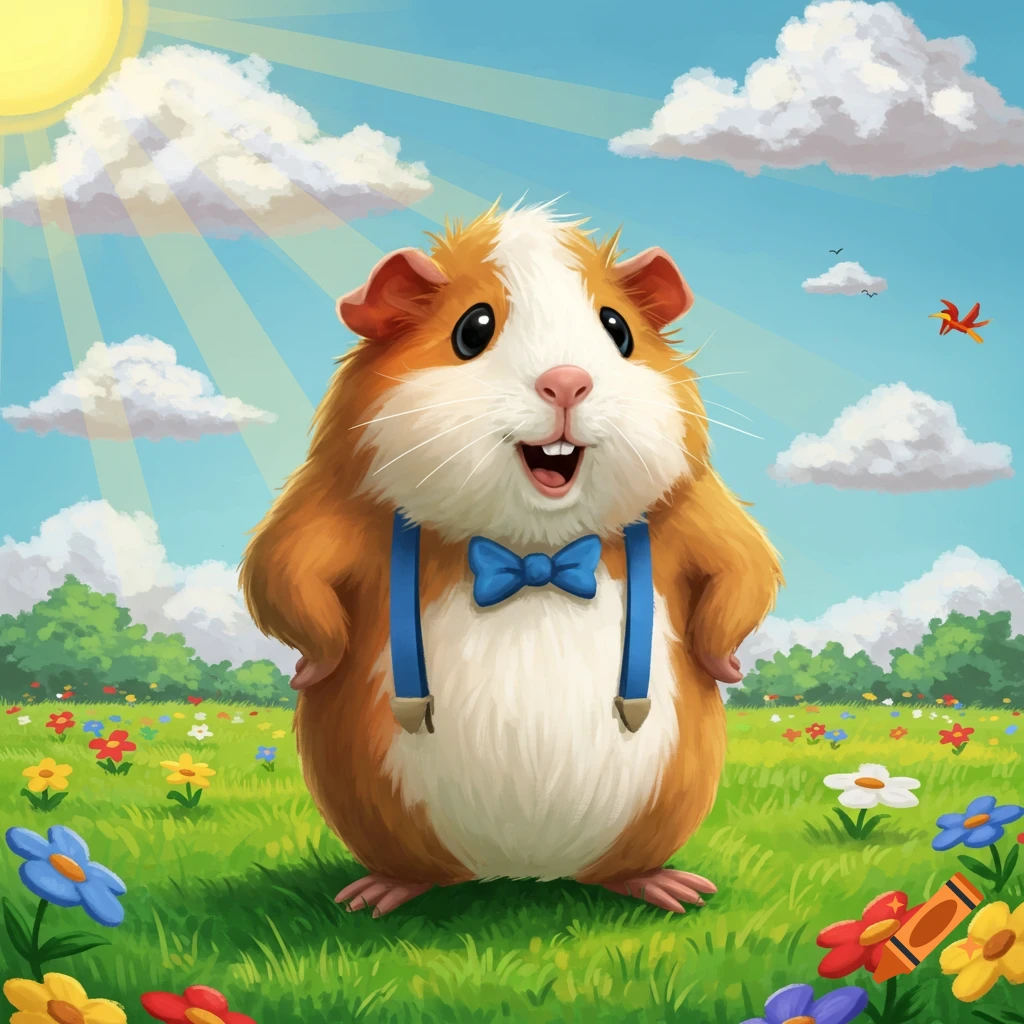 A cheerful, cartoon guinea pig in a blue bow tie and suspenders stands in a sunny field with colorful flowers under a blue sky.