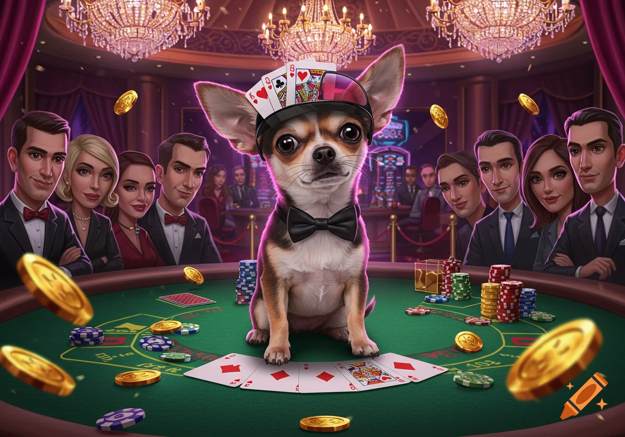 A chihuahua in a bow tie and playing card hat sits at a casino poker table surrounded by people, chips, and coins.