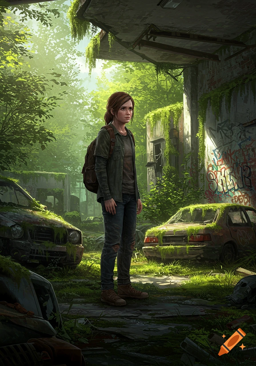 Ellie from The Last of Us stands in a lush, overgrown, ruined city street next to moss-covered cars, looking to the side in a digital art style.