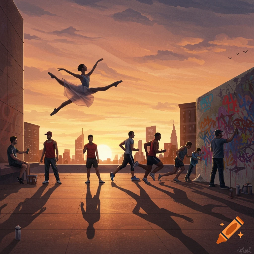 A ballet dancer leaps above a rooftop while runners, an artist, and others gather against a sunset city skyline.