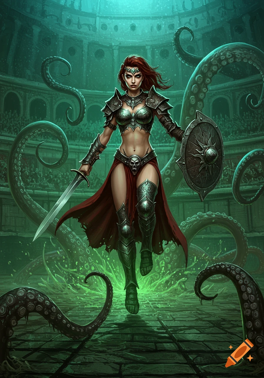 A red-haired gladiatrix in battle armor with a sword and shield confronts giant green tentacles in a dark, flooded arena, fantasy art.