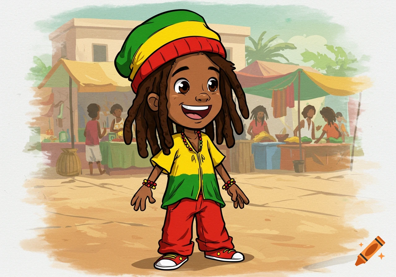 A smiling cartoon Rastafarian boy with dreadlocks and a red, yellow, green hat and shirt, red pants, stands in a lively market.