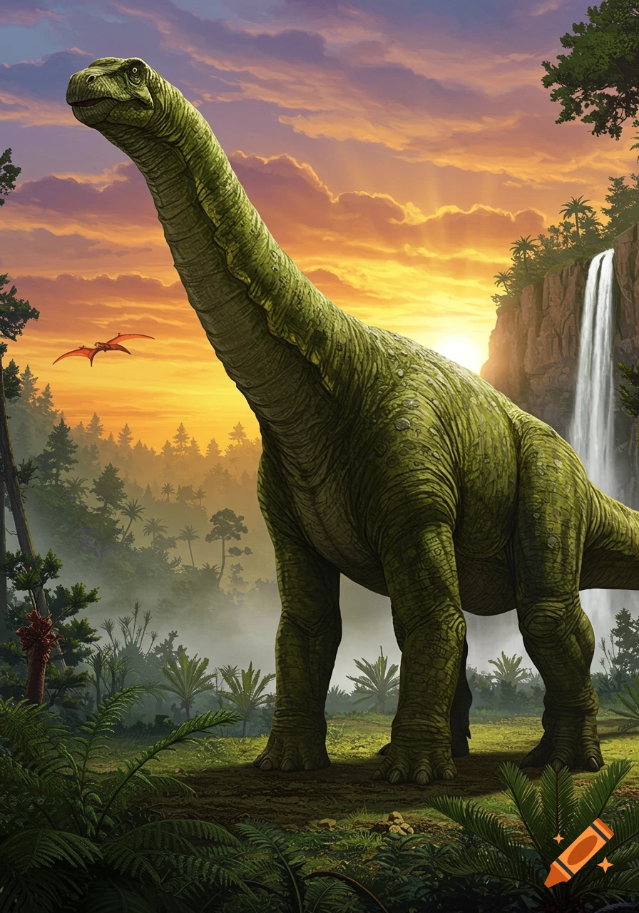 A large green long-necked dinosaur stands in a lush prehistoric jungle with a waterfall at sunset, a pterodactyl flying.