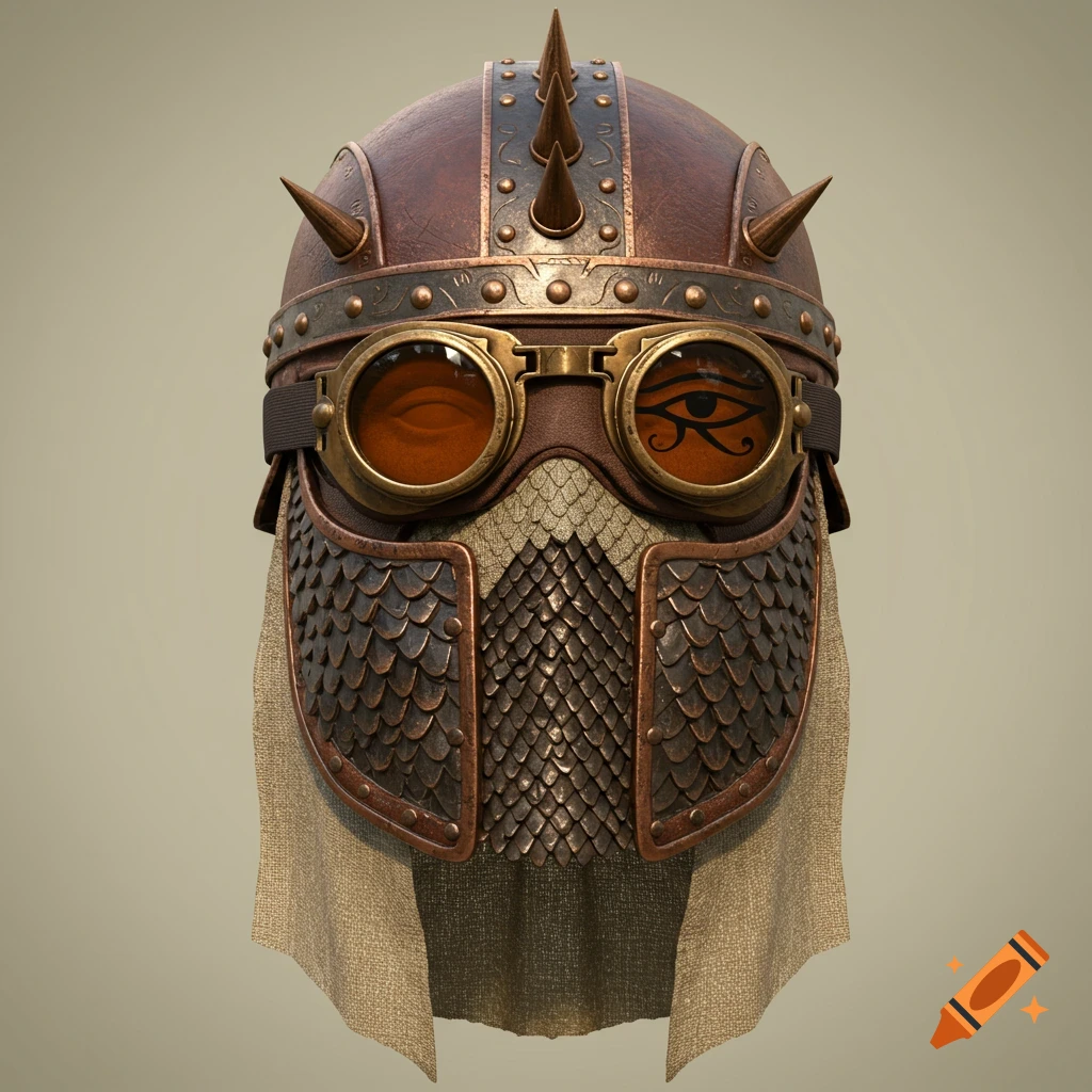 A detailed, spiked steampunk helmet with amber goggles featuring the Eye of Horus symbol, scales, and a fabric veil.