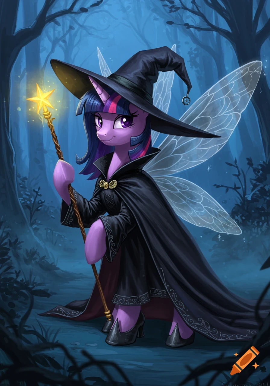 Twilight Sparkle pony dressed as a fairy witch in a dark forest, holding a glowing star wand.