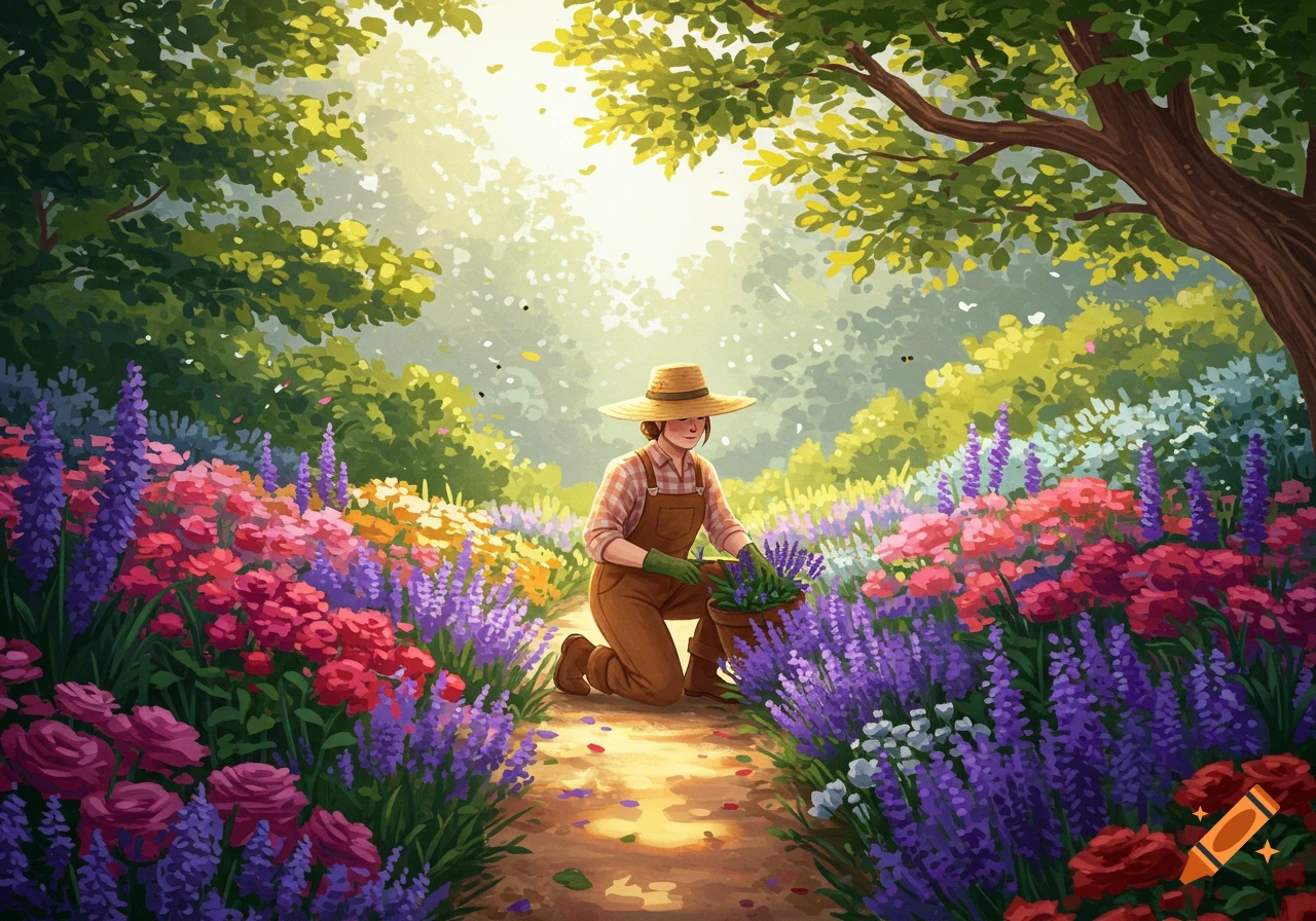 A person in a straw hat and overalls kneels in a vibrant garden, tending to purple flowers amidst a path and lush trees in an illustrative style.