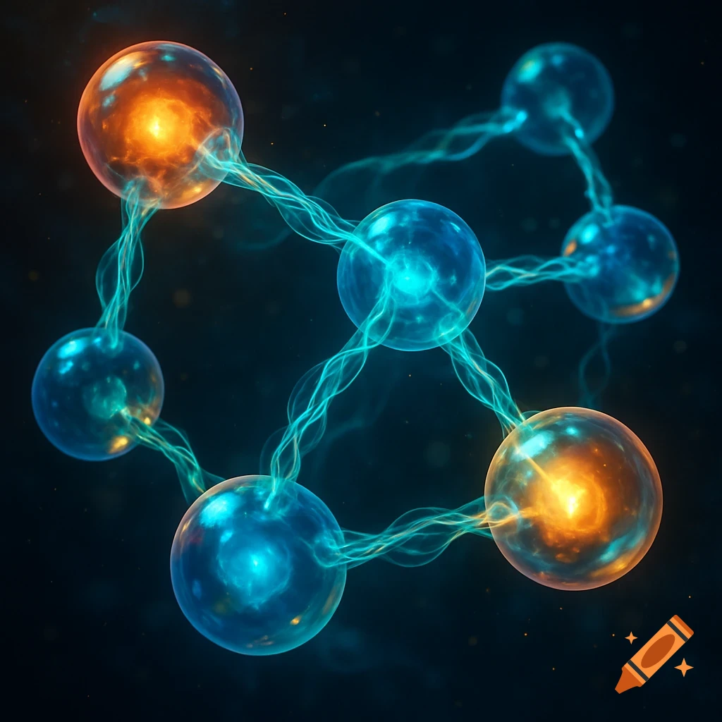 Abstract glowing orange and blue spheres connected by swirling energetic tendrils on a dark background.