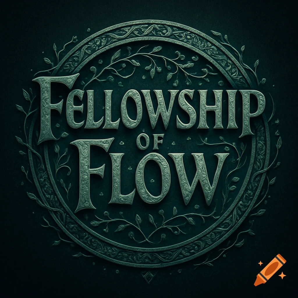Ornate dark green fantasy-style logo with 'Fellowship of Flow' text and a decorative leaf-patterned border.