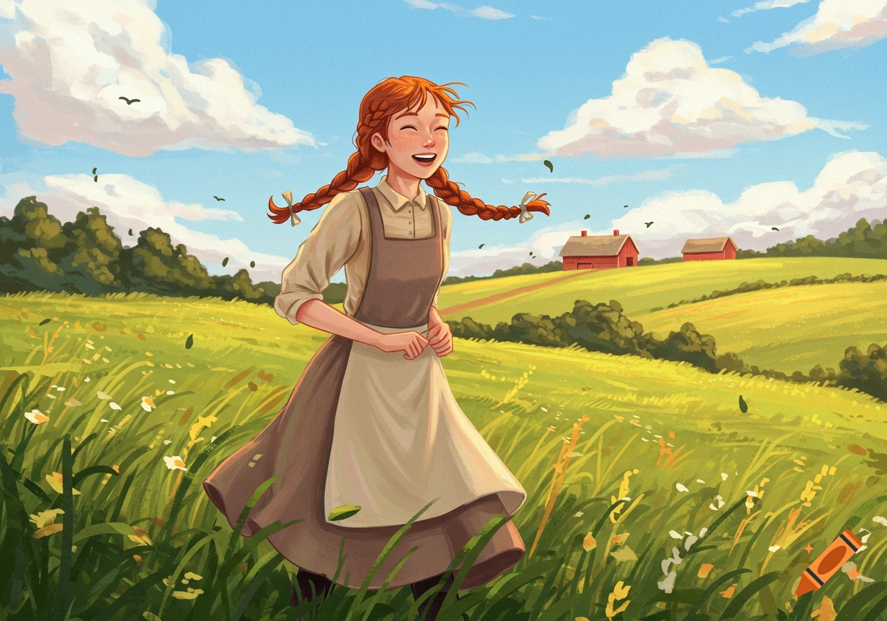 A cheerful cartoon girl with red pigtails runs through a sunny green field with white flowers and red farmhouses.