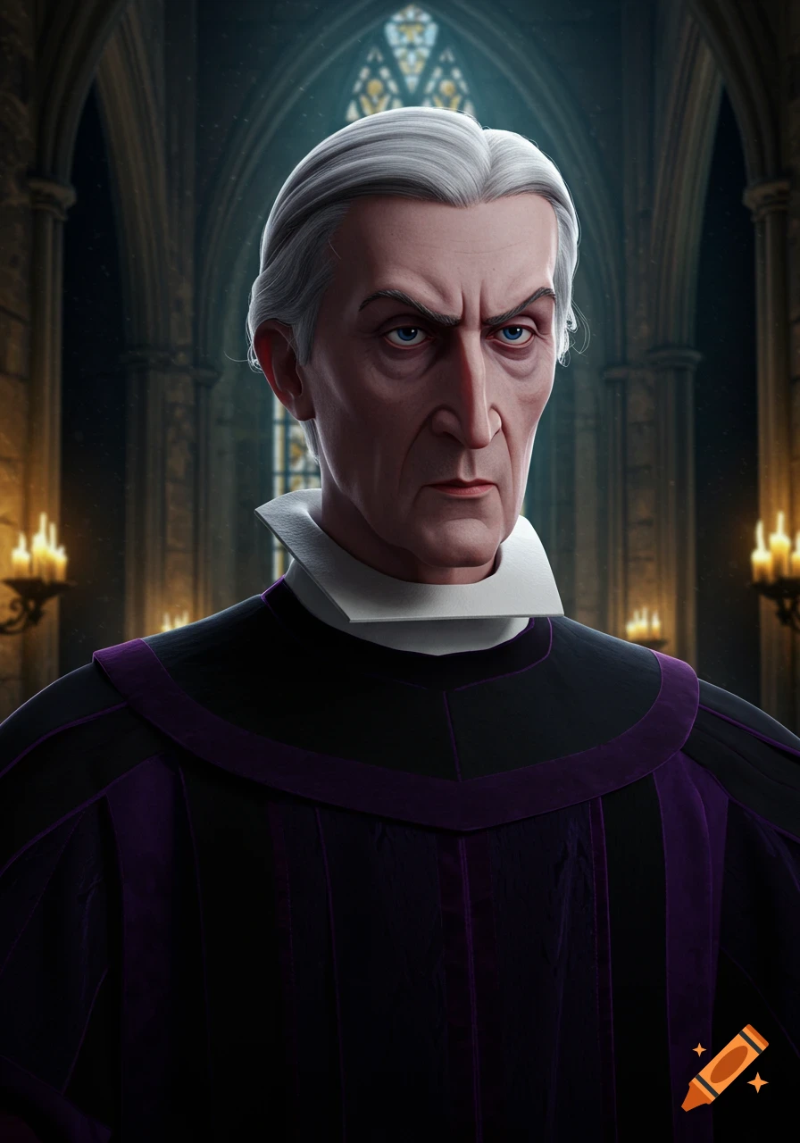 A stern, white-haired man in a purple and black robe and white collar stands in a gothic church with stained glass.