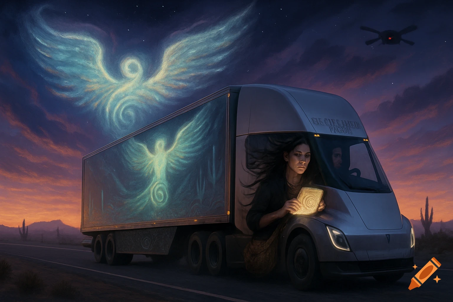 A stylized Tesla Semi truck drives on a desert highway at dusk, with a woman leaning out holding a glowing sketchbook. Ethereal glowing angel wings are in the sky and painted on the trailer.