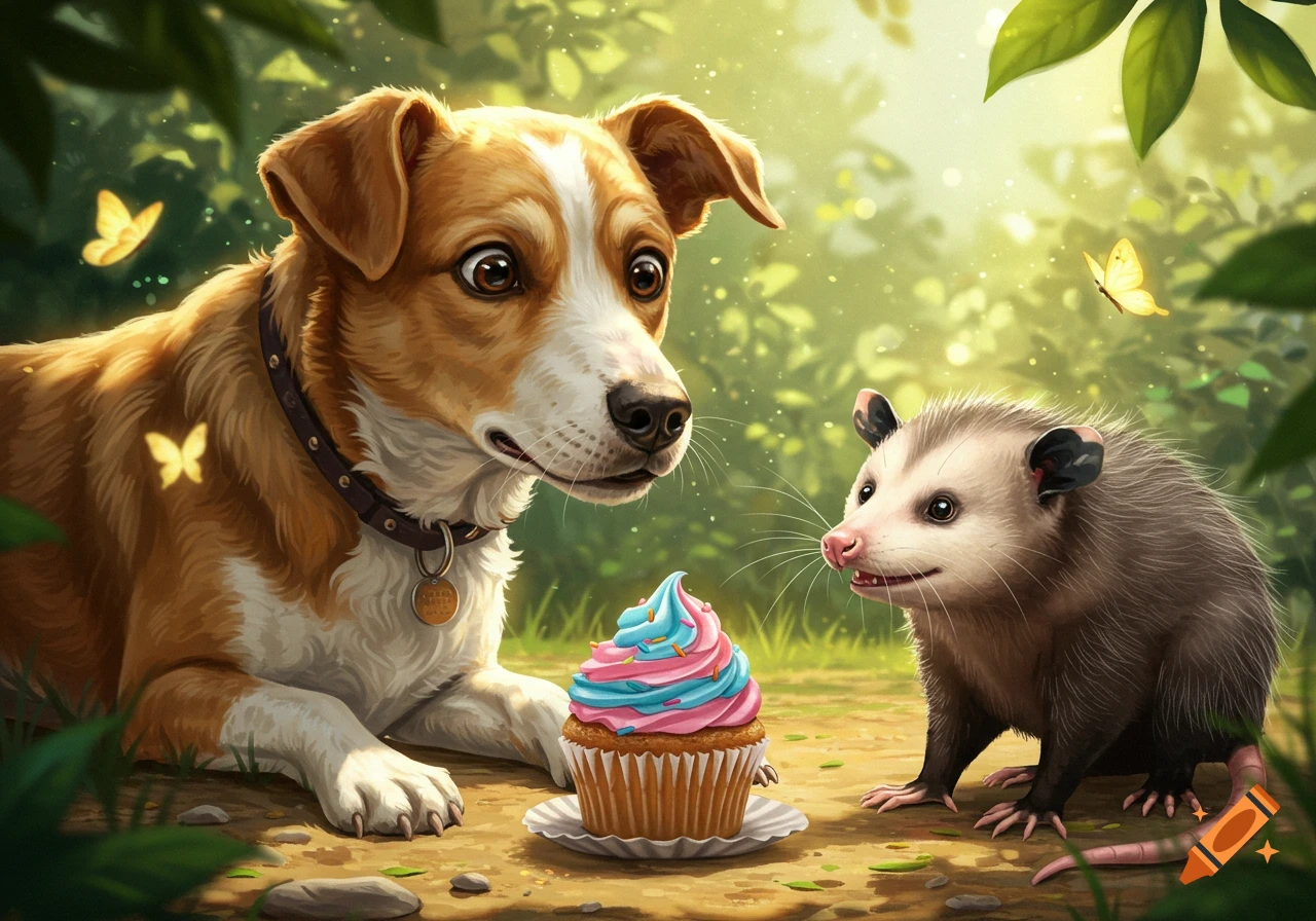 An illustration of a dog and an opossum staring at a pink and blue cupcake in a vibrant forest.