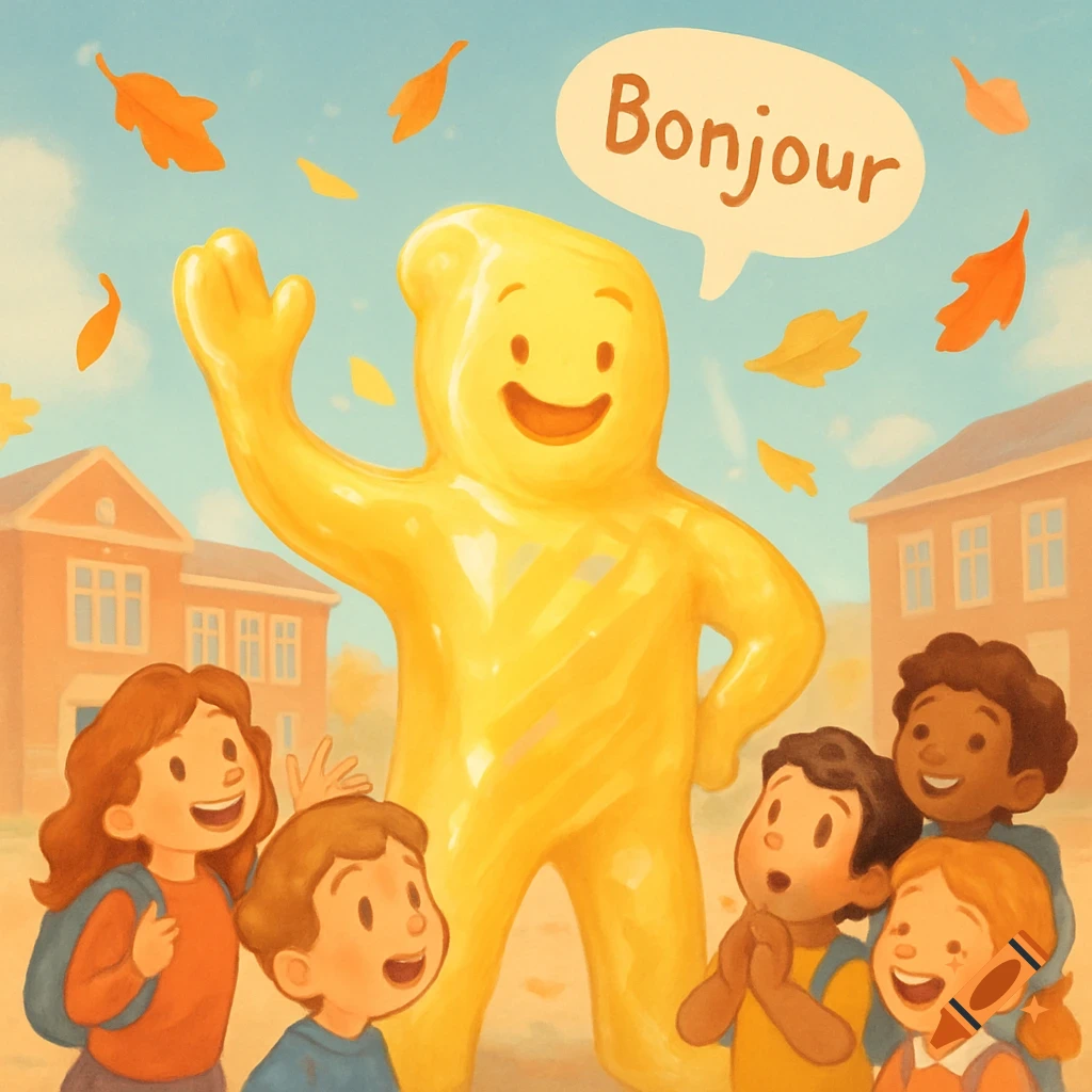 A smiling yellow jelly-like character waves at five diverse children in a schoolyard, with 'Bonjour' in a speech bubble and falling autumn leaves. Illustration.