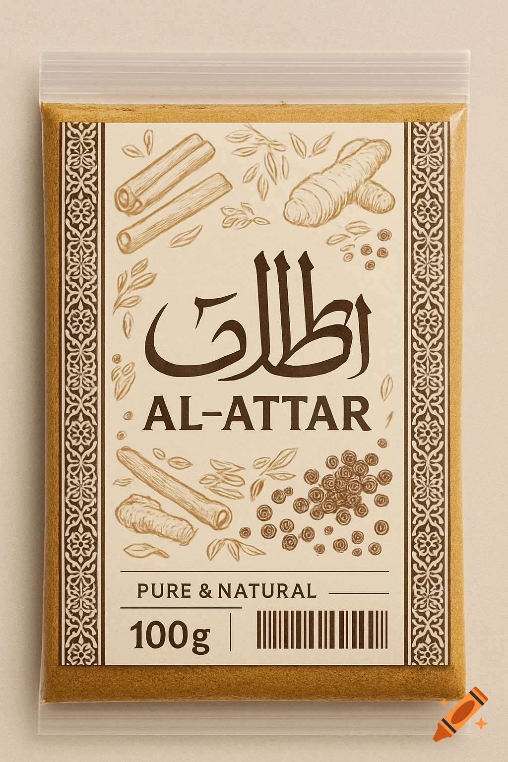 Flat packaging design for Al-Attar spices, featuring Arabic calligraphy, cinnamon, turmeric, and black pepper illustrations.