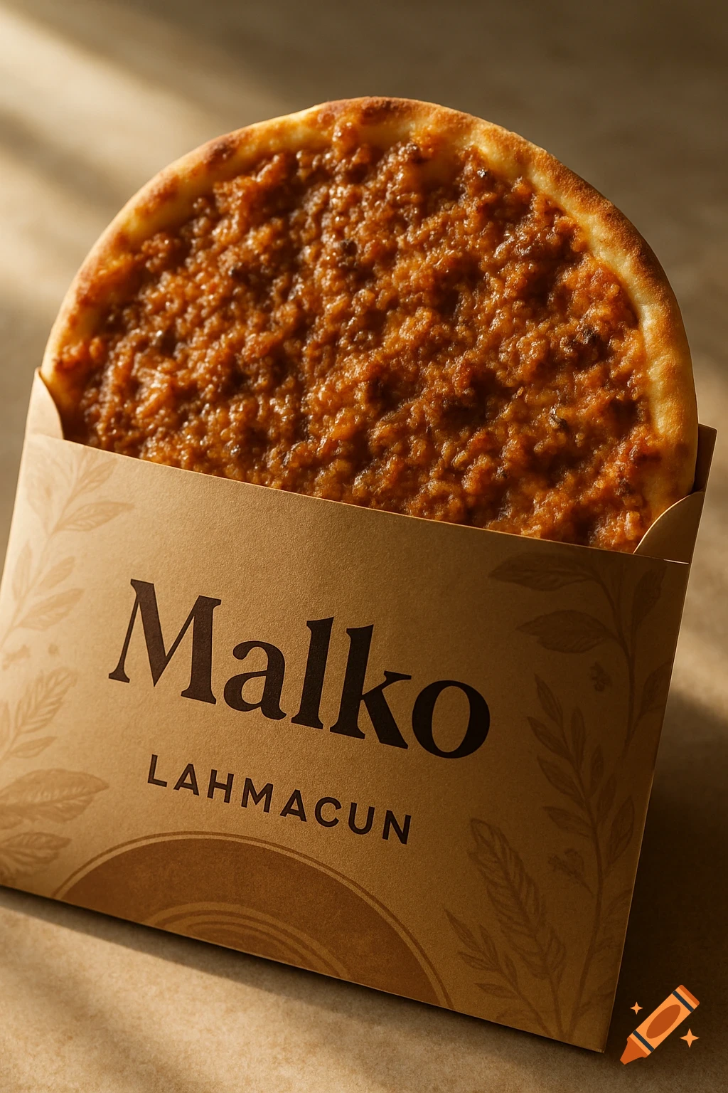 A close-up of a lahmacun in a brown paper package, with 'Malko LAHMACUN' text and leaf patterns visible.