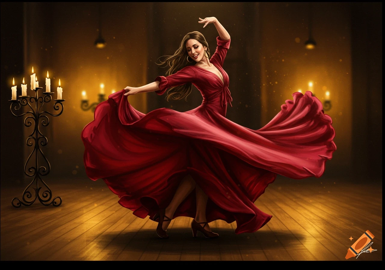 A woman in a flowing red dress dances in a candlelit room. Digital illustration.