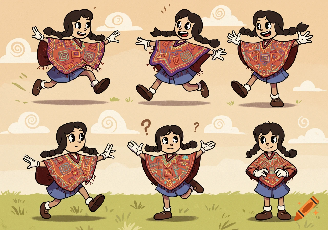 A cartoon girl with braided hair, wearing a colorful Peruvian poncho, shown in six different poses in a 1930s rubber hose style.