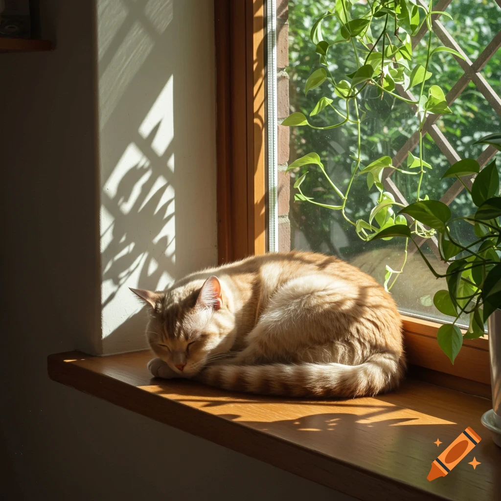 A light orange cat sleeps curled up on a sunny wooden windowsill next to a window with green plants outside.