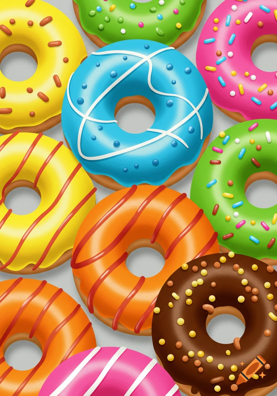 A vibrant illustration of many brightly glazed donuts, tightly packed, with colorful icings and various toppings on a light grey background.