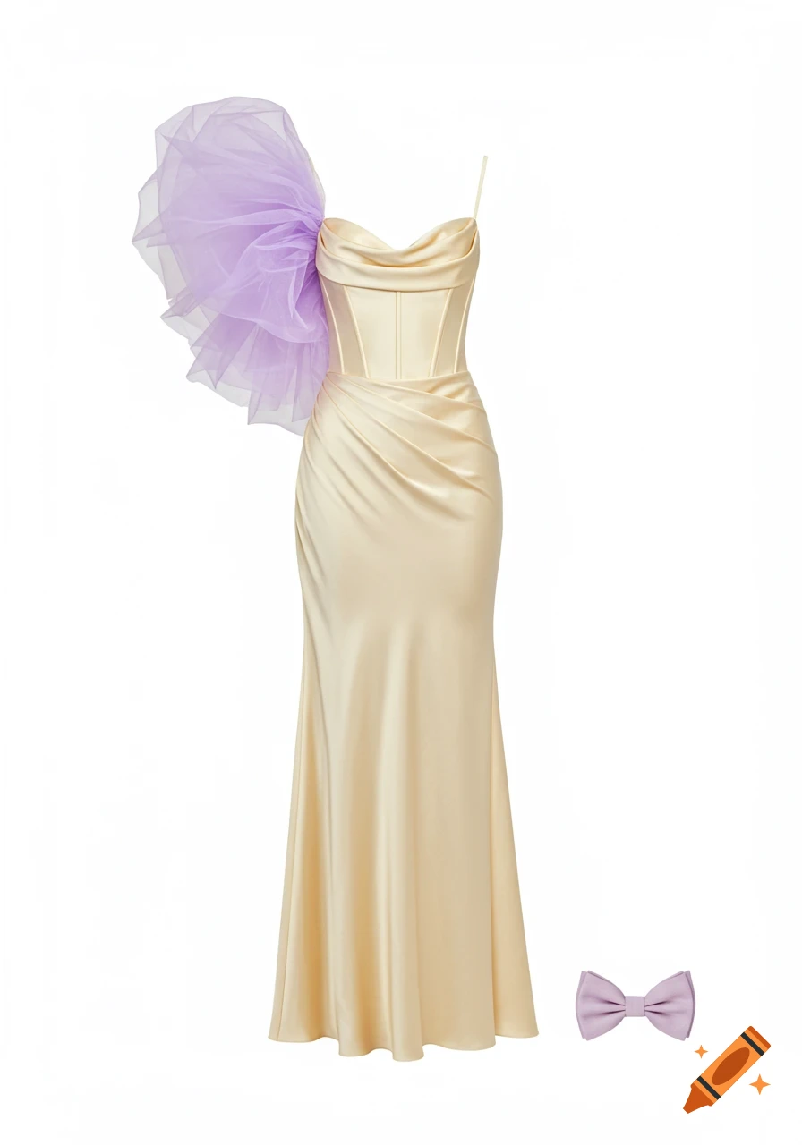 A long pastel yellow silk corset dress with a purple tulle shoulder detail, alongside a matching purple bow tie on a white background.