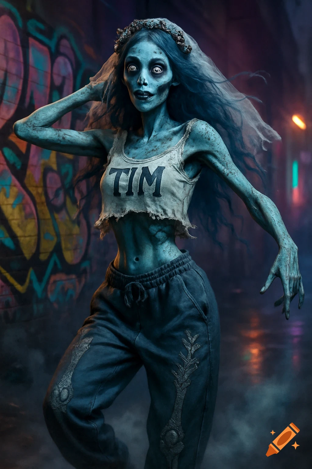 A hyperrealistic corpse bride in a "TIM" crop top and baggy sweatpants poses against a graffiti-covered urban wall at night.