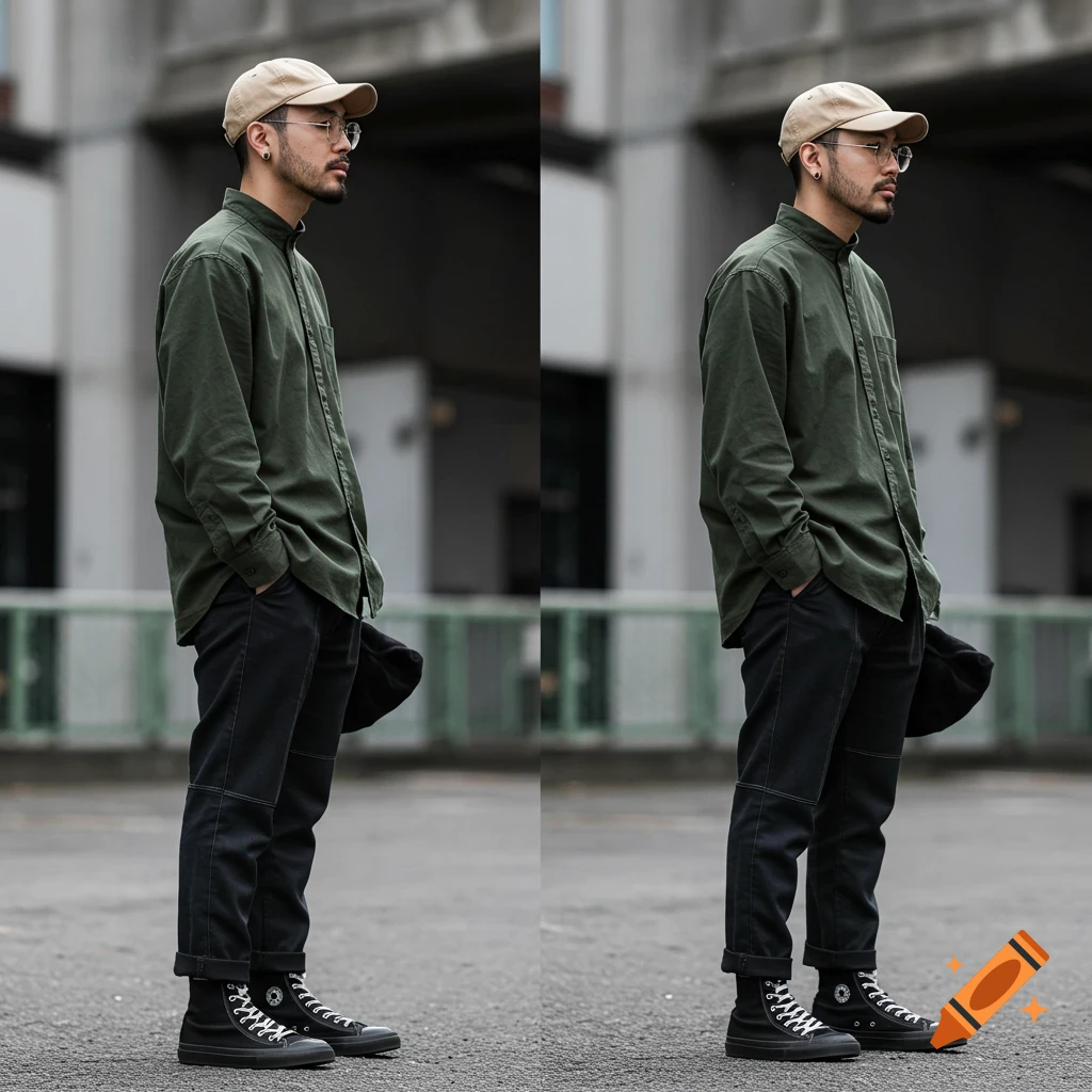 A man with a beard, glasses, and an earring poses wearing a green button-up shirt, black pants, black high-top sneakers, and a beige cap.