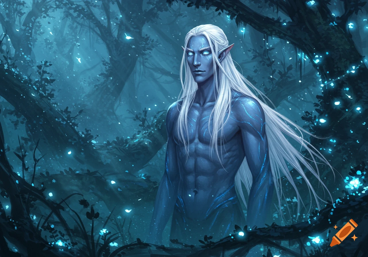 A blue-skinned elf with long white hair and glowing eyes stands shirtless in a magical, glowing blue forest at night.