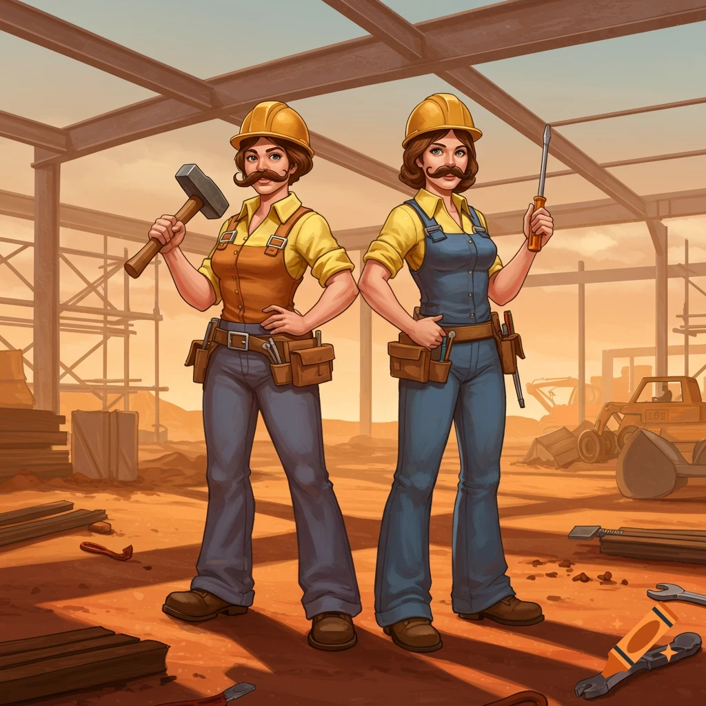 Two female construction workers with mustaches, one with a hammer, one with a screwdriver, on a 70s-style construction site.