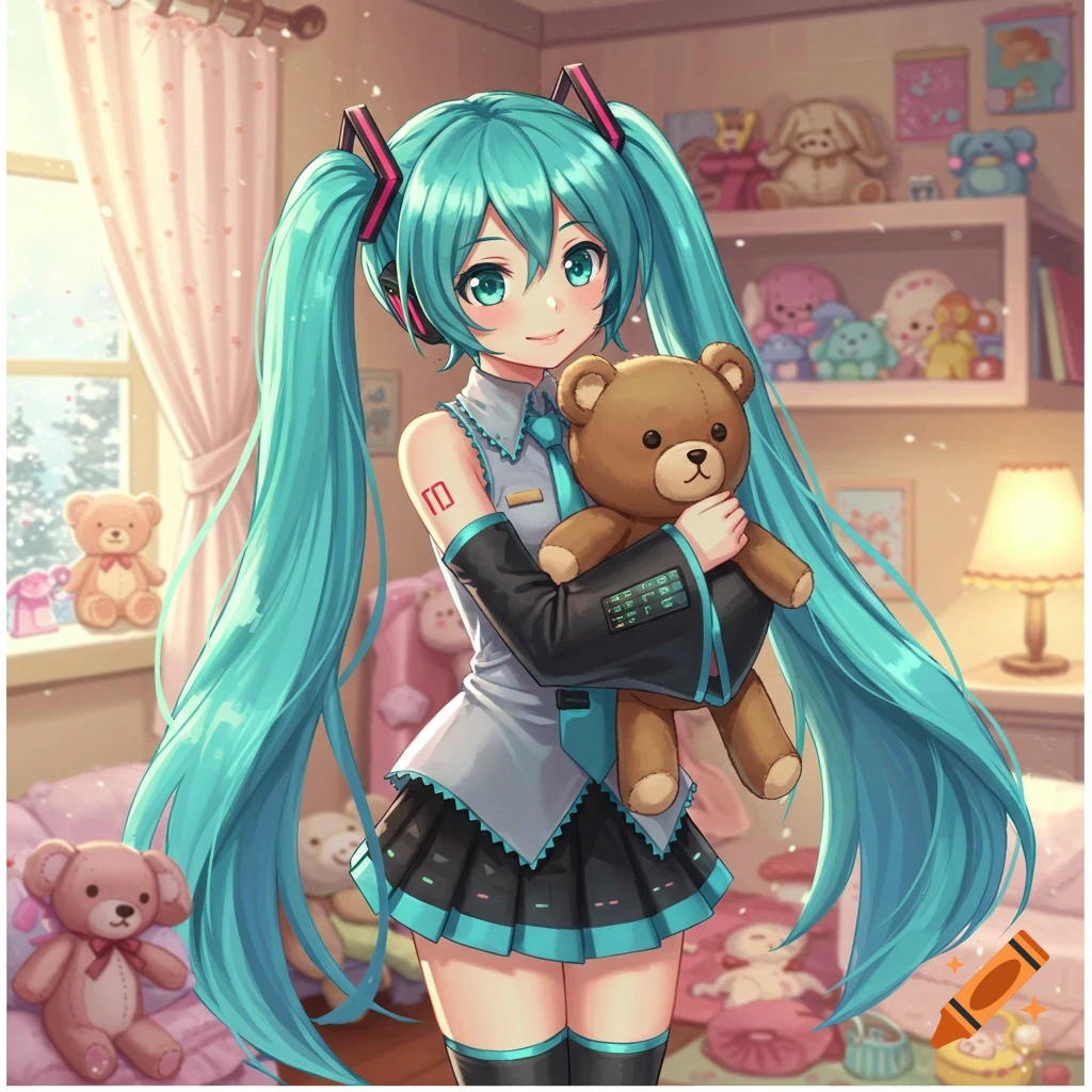 Hatsune Miku with long turquoise pigtails, holding a teddy bear in a pink, toy-filled room, anime style.
