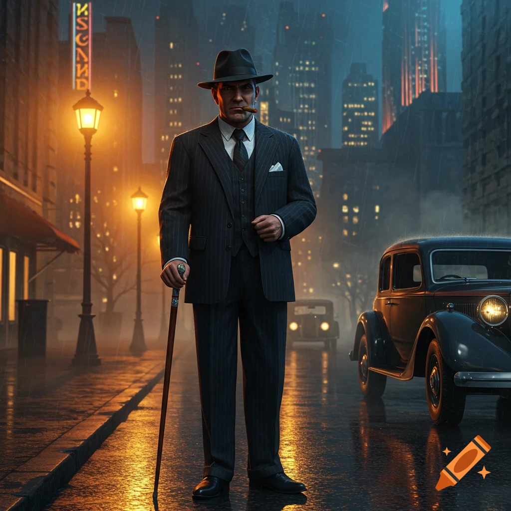 A man dressed as a gangster in a fedora and pinstripe suit stands with a cane on a rainy city street next to a vintage car at night.