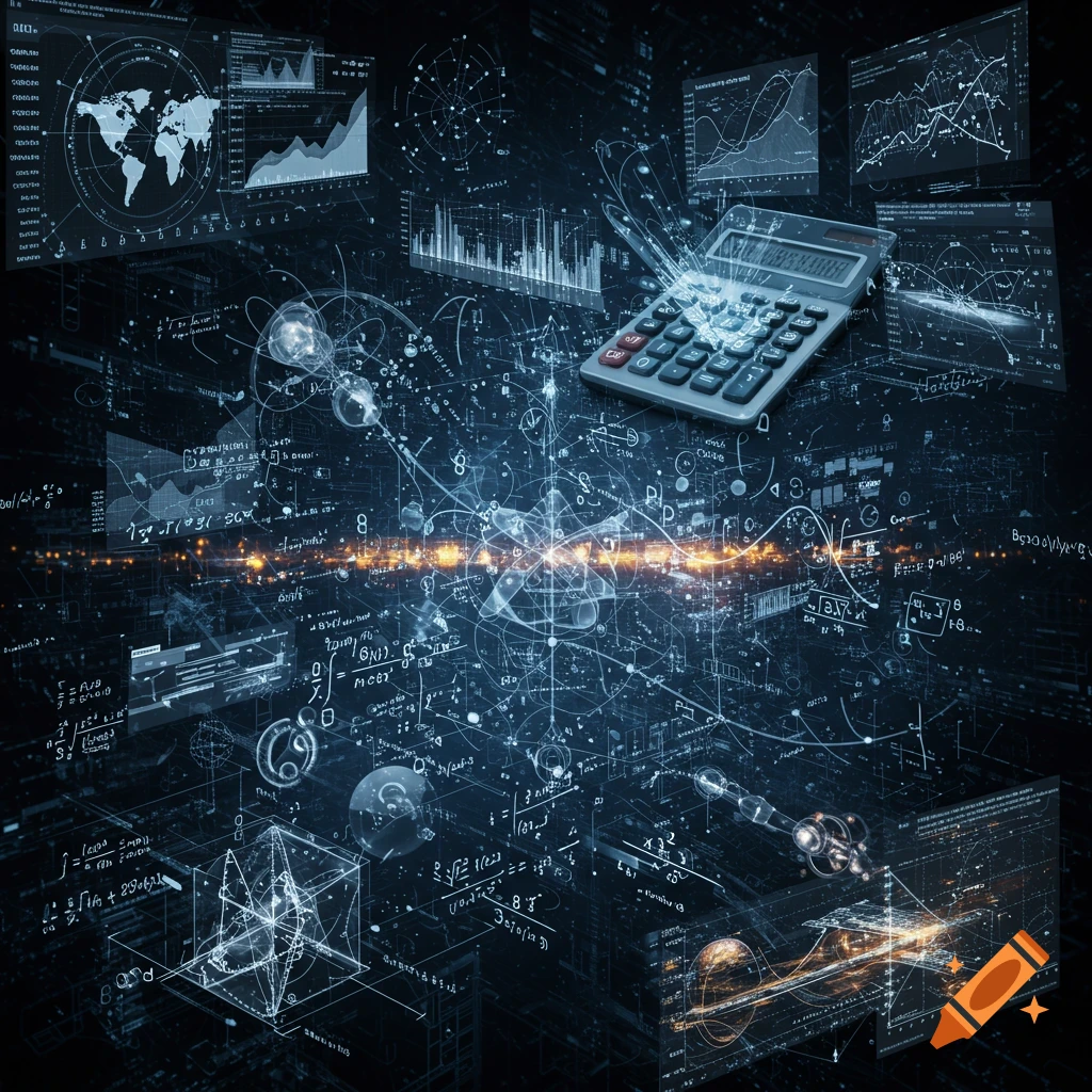 A futuristic digital abstract scene with a calculator, glowing data streams, world maps, graphs, equations, and scientific diagrams floating in a dark, blue-lit space.