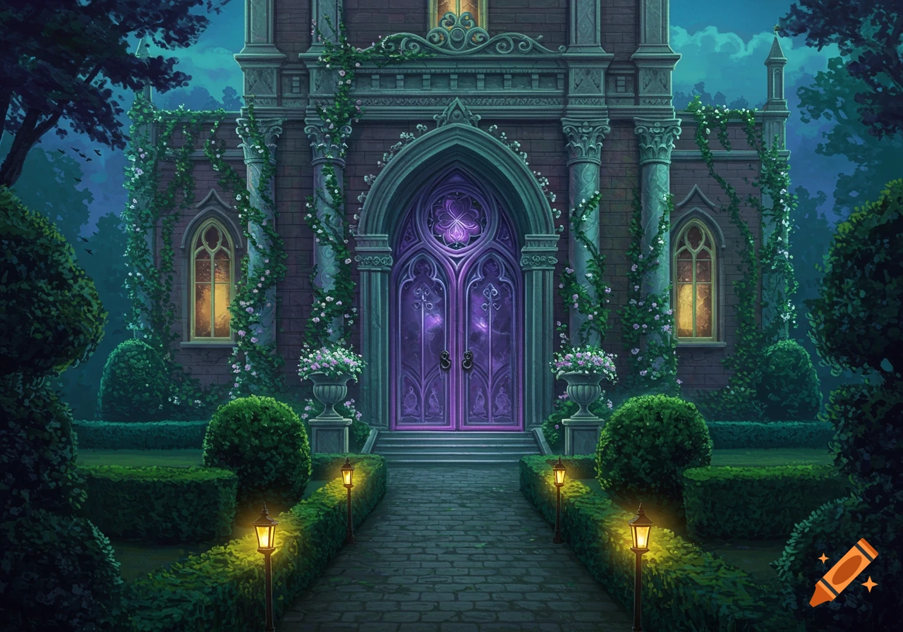 An ornate gothic manor with glowing purple doors, arched windows, and ivy, set in a manicured garden with a lighted path at night.
