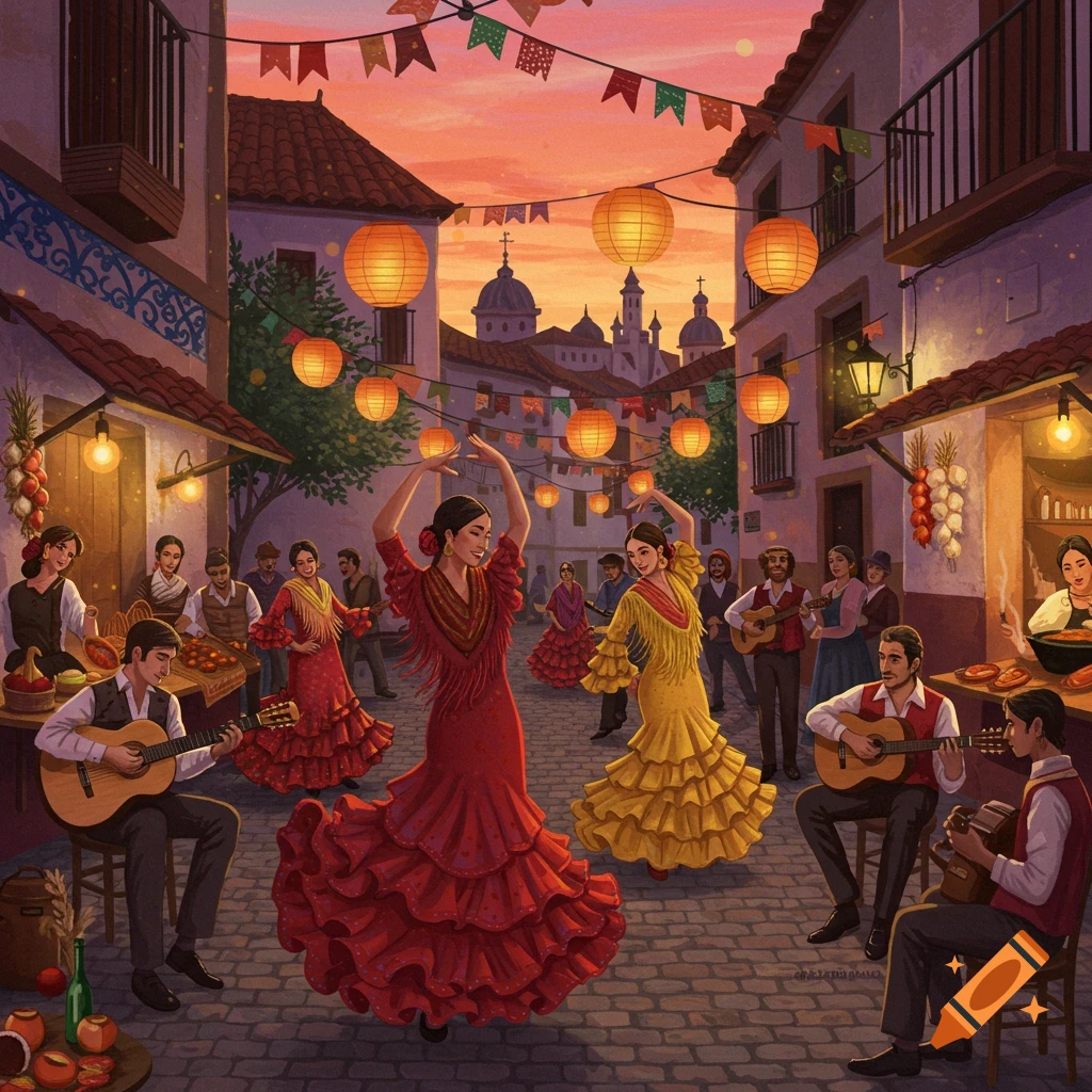 Vibrant illustration of flamenco dancers and guitarists in a festive Spanish street at sunset, adorned with lanterns and flags.