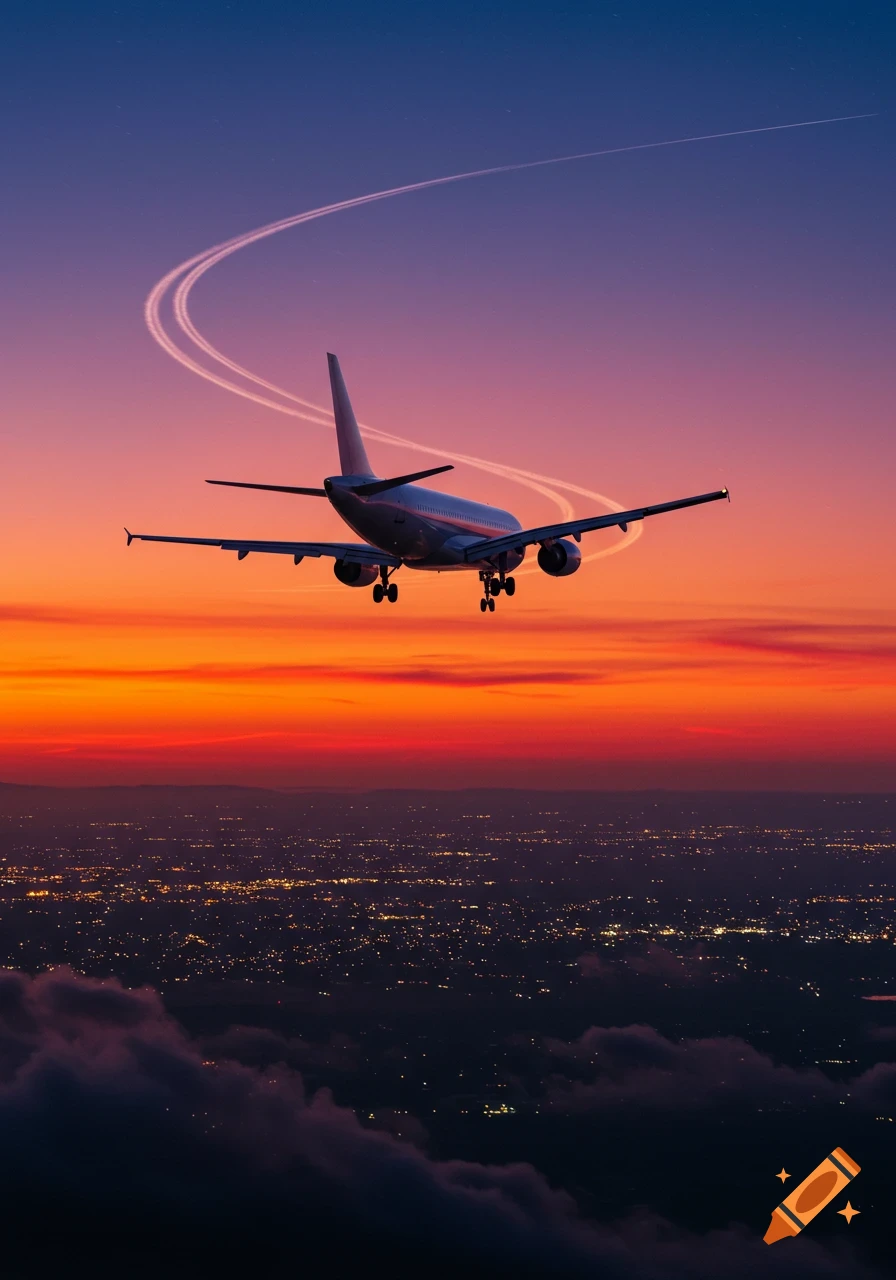 A photorealistic airplane descends over a city at sunset, with a vibrant orange and purple sky and twinkling city lights.