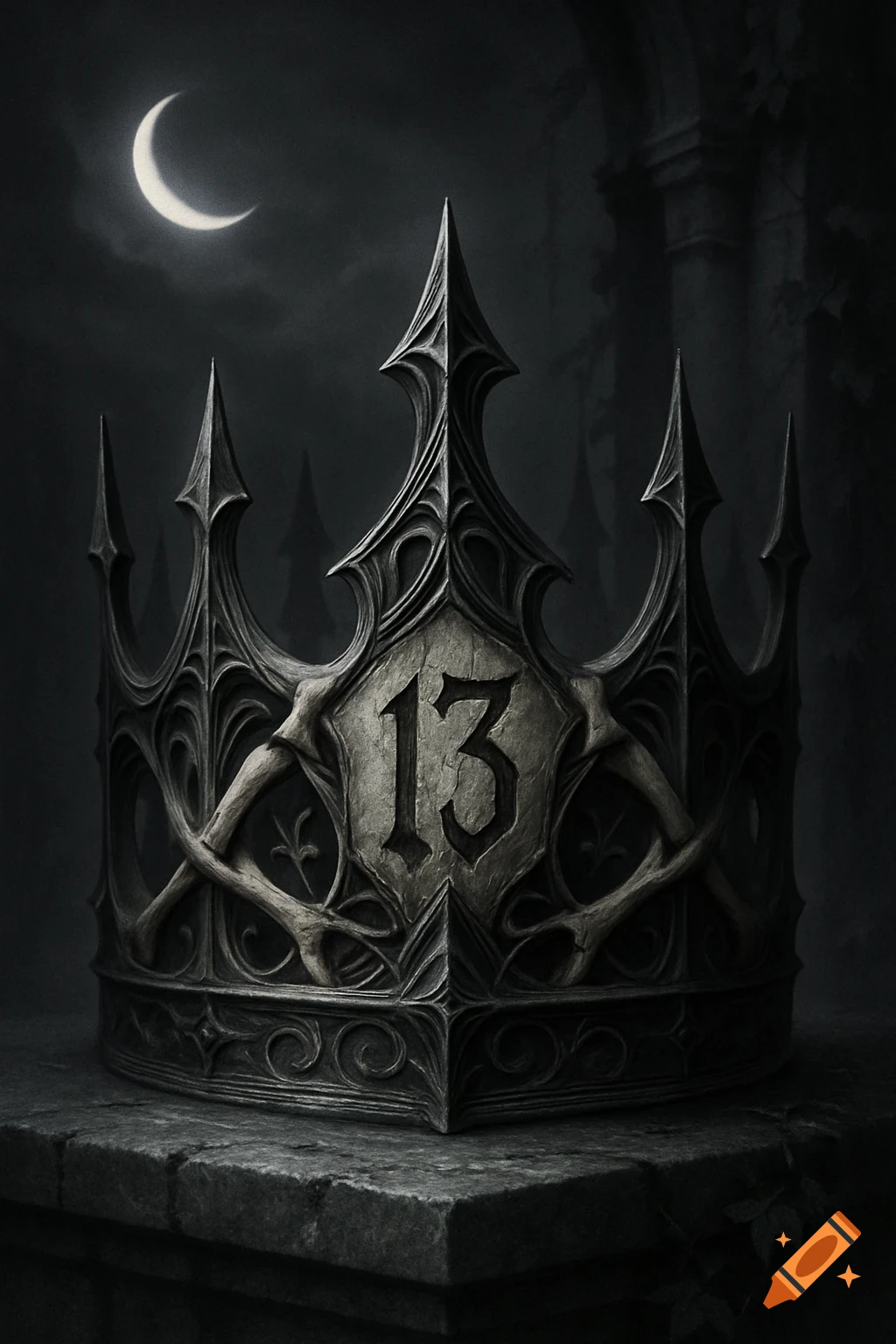 An ornate dark gothic crown made of steel and bone, featuring the number 13, under a crescent moon.