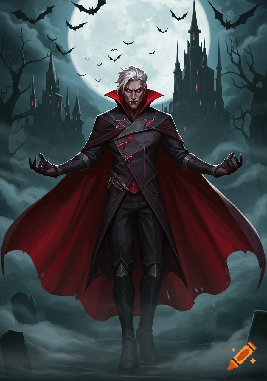 A white-haired vampire with red eyes and fangs in a black and red cape stands before a full moon, gothic castles, and bats.