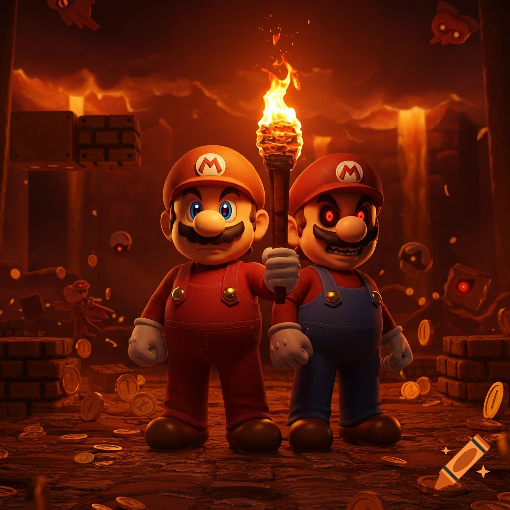 Two Marios, one normal and one with red glowing eyes, stand in a dark, fiery, underground world, with the normal Mario holding a flaming torch.