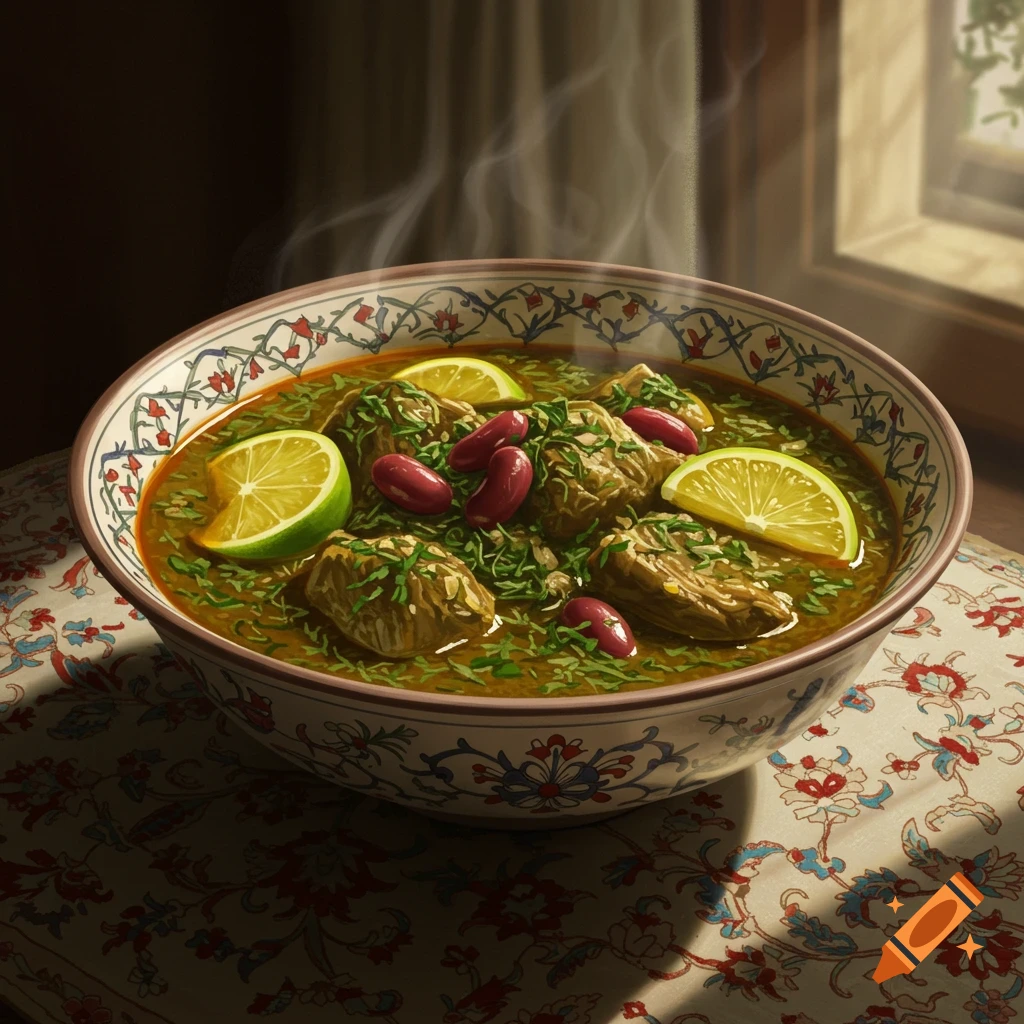A steaming bowl of ghormeh sabzi stew with meat, red beans, and lime slices on a patterned tablecloth, bathed in window light.