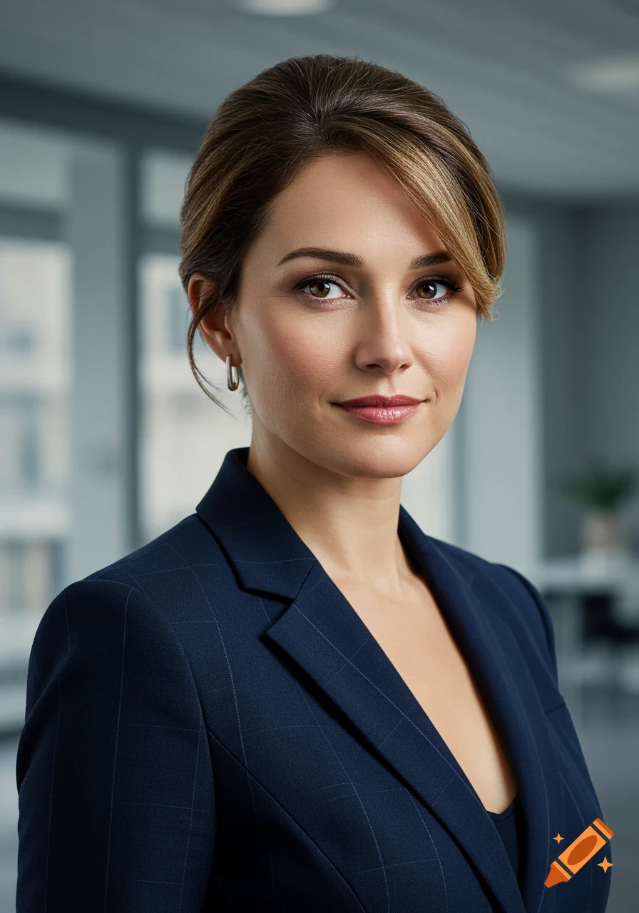 Photorealistic portrait of a business woman in a navy blazer, with an elegant updo, in a blurred modern office.