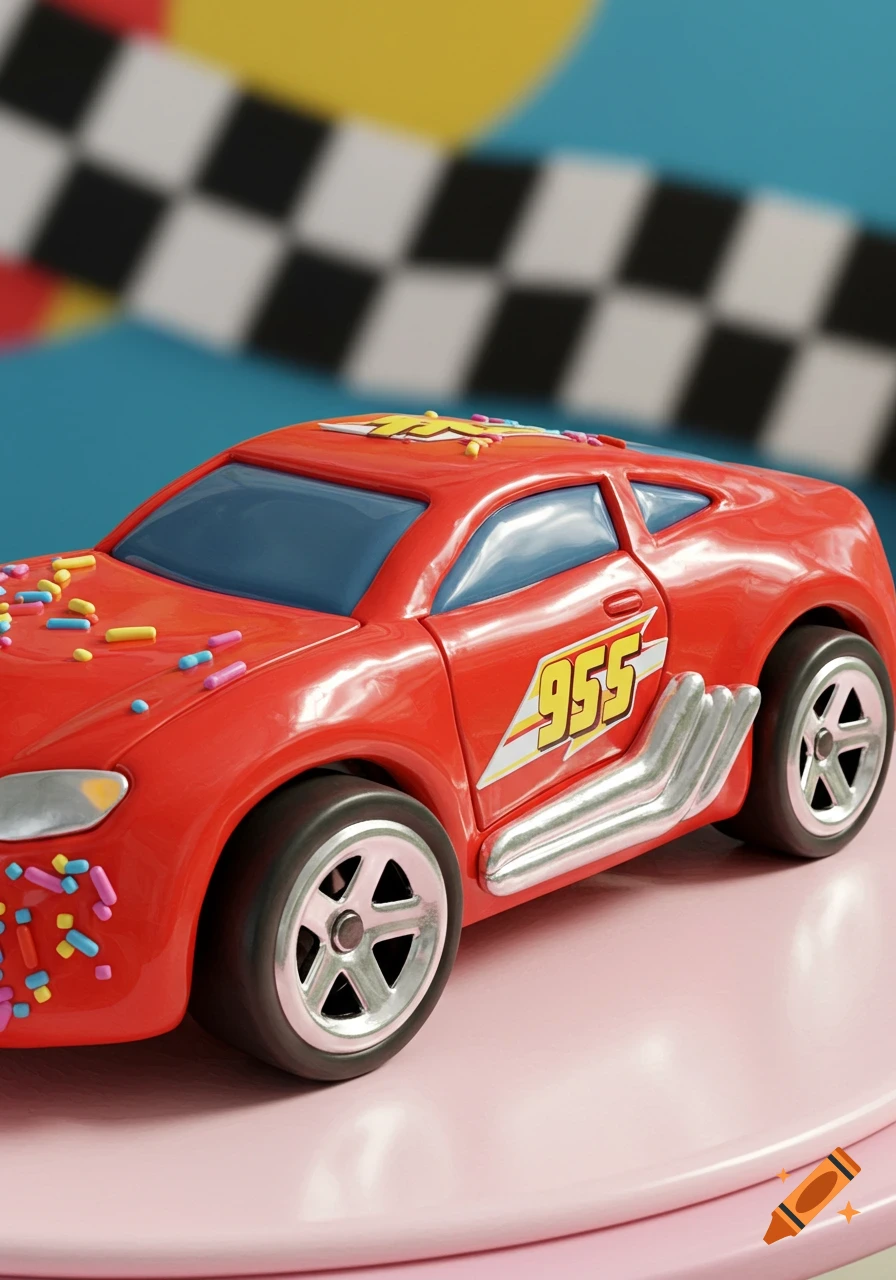 A red race car cake with colorful sprinkles and the number 955 on its side, sitting on a pink surface with a blurry checkered flag background.