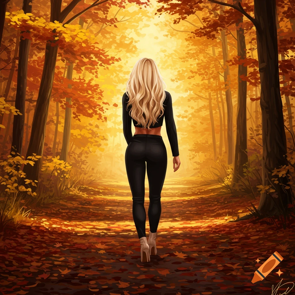 Digital painting of a blonde woman walking away on a vibrant autumn forest path, wearing a black crop top, tight pants, and heels.