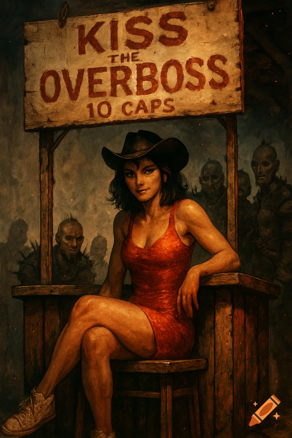 A woman in a cowboy hat and red dress sits at a wooden booth with a 'Kiss the Overboss' sign, flanked by grotesque raiders.